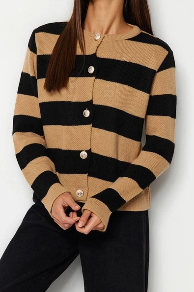 Kadın Moda Şık Regular Bisiklet Yaka Regular Çizgili Basic Ceket Görünümlü Triko Hırka - 4