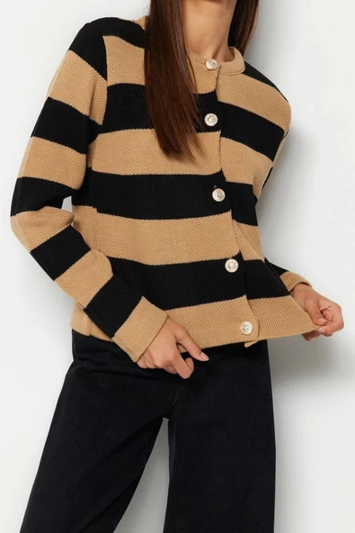 Kadın Moda Şık Regular Bisiklet Yaka Regular Çizgili Basic Ceket Görünümlü Triko Hırka - 2
