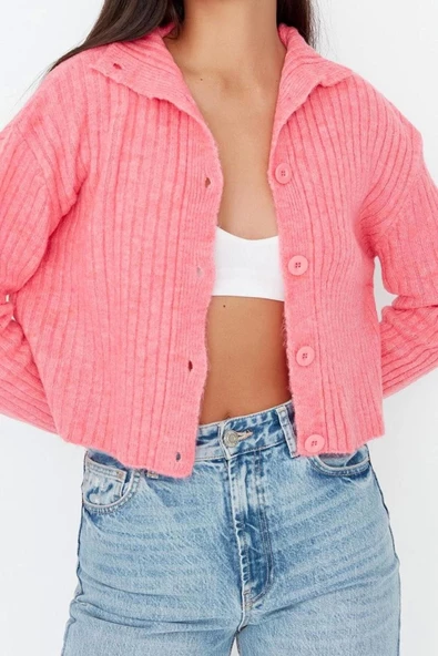 Kadın Moda Şık Crop Dik Yaka Regular Crop Yumuşak Dokulu Dik Yaka Triko Hırka - 3