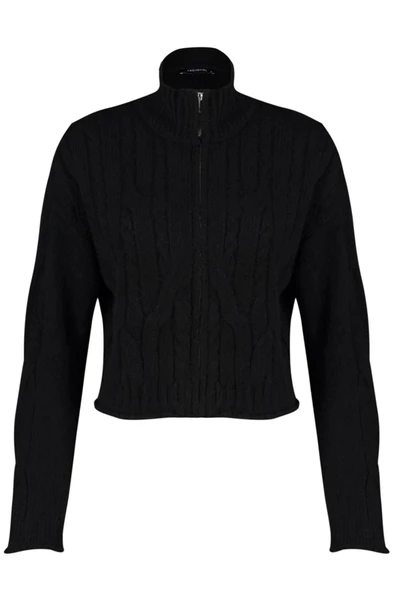 Kadın Moda Şık Crop Dik Yaka Regular Crop Yumuşak Dokulu Fermuarlı Saç Örgülü Triko Hırka