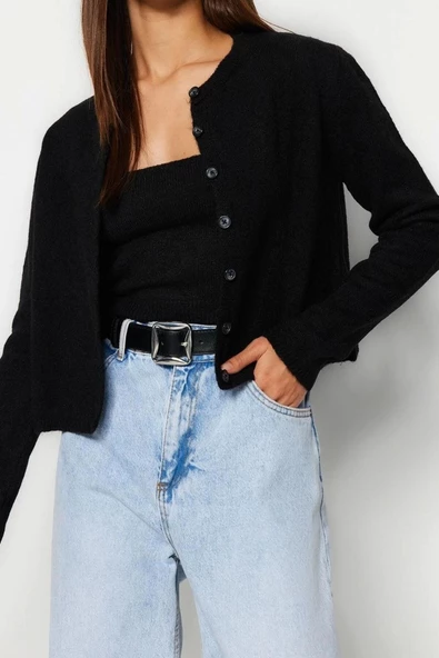 Kadın Moda Şık Crop Bisiklet Yaka Slim Crop Yumuşak Dokulu Bluz-Hırka Triko Takım - 2