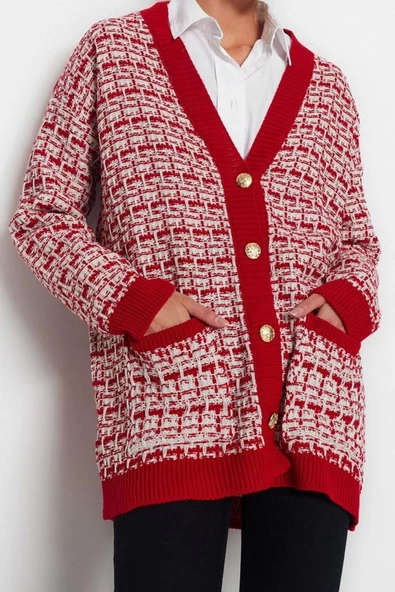 Kadın Moda Şık Midi V Yaka Oversize Geniş Kalıp Tüvit Görünümlü Simli Triko Hırka - 4