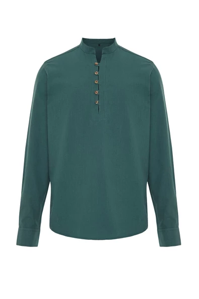 Erkek Moda Uzun Kol Dokuma Koyu Yeşil Slim Fit Yarım Patlı Hakim Yaka %100 Pamuklu Gömlek