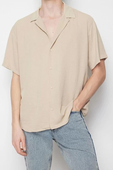 Erkek Moda Kısa Kol Dokuma Taş Oversize Fit Yazlık  Keten Görünümlü Gömlek - 3