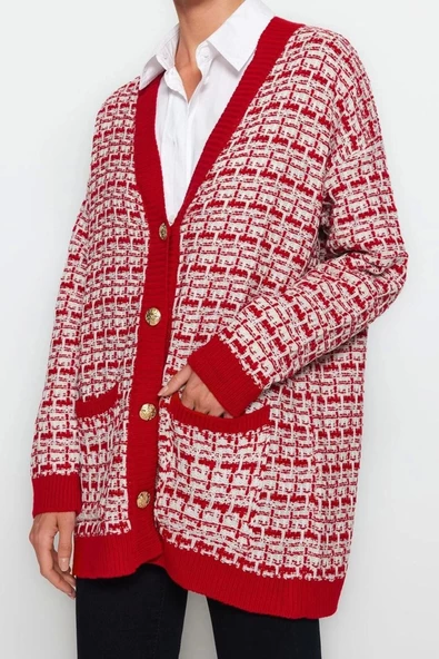 Kadın Moda Şık Midi V Yaka Oversize Geniş Kalıp Tüvit Görünümlü Simli Triko Hırka - 3