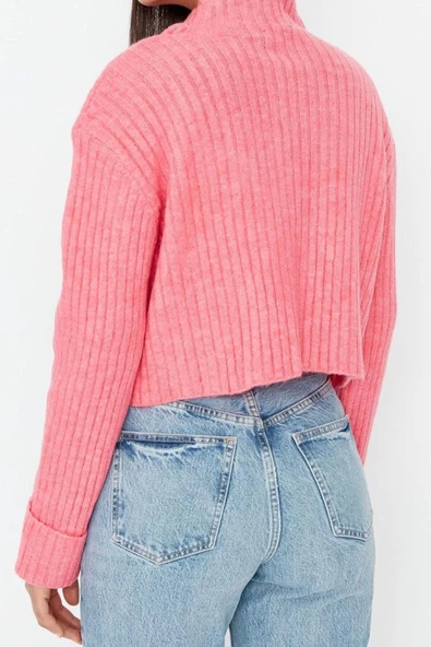 Kadın Moda Şık Crop Dik Yaka Regular Crop Yumuşak Dokulu Dik Yaka Triko Hırka - 6