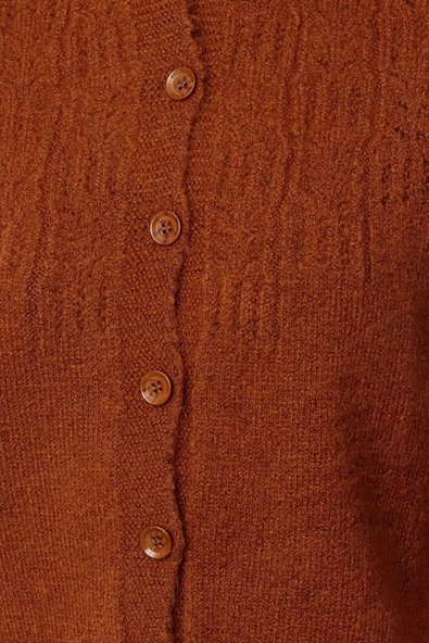 Kadın Moda Şık Crop Bisiklet Yaka Regular Yumuşak Dokulu Ajurlu Delikli Triko Hırka - 4