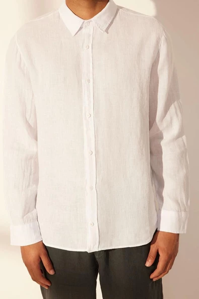Erkek Moda Uzun Kol Dokuma Beyaz Limited Edition %100 Keten Regular Fit Gömlek