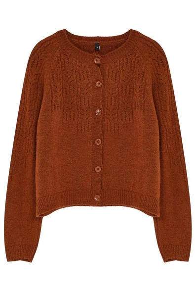 Kadın Moda Şık Crop Bisiklet Yaka Regular Yumuşak Dokulu Ajurlu Delikli Triko Hırka