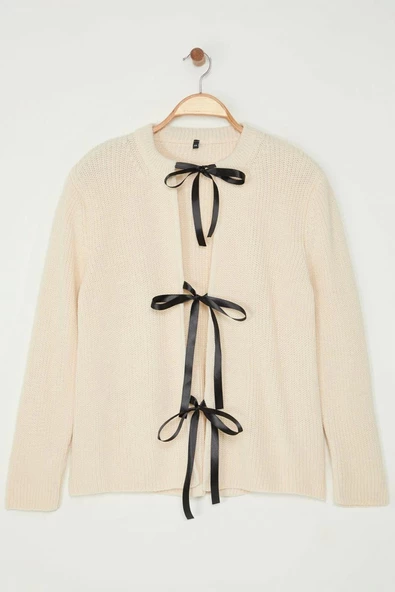 Kadın Moda Şık Büyük Beden Regular Bisiklet Yaka Regular Kurdele Bağlamalı Crop Triko Hırka