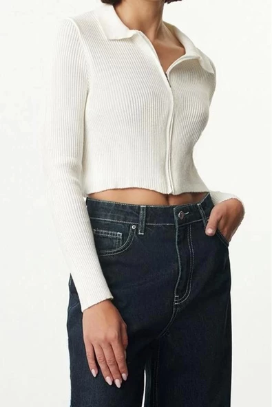 Kadın Moda Şık Crop Polo Yaka Slim Crop Fermuarlı Triko Hırka - 3