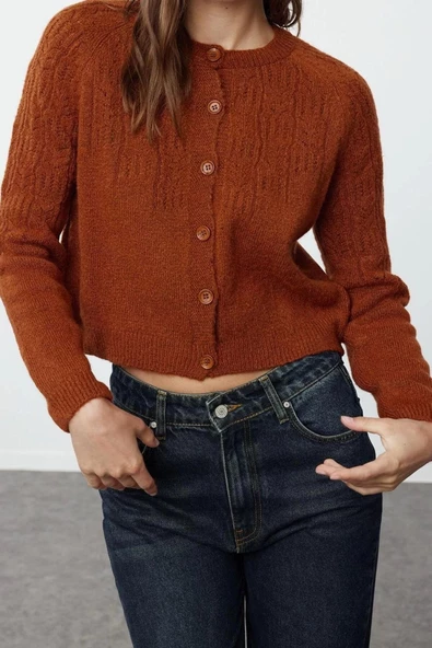 Kadın Moda Şık Crop Bisiklet Yaka Regular Yumuşak Dokulu Ajurlu Delikli Triko Hırka - 2