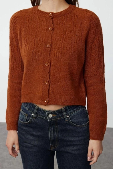 Kadın Moda Şık Crop Bisiklet Yaka Regular Yumuşak Dokulu Ajurlu Delikli Triko Hırka - 5