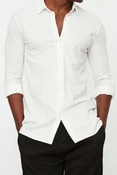 Erkek Moda Uzun Kol Örme Beyaz Slim Fit Gömlek Yaka Apoletli Örme Pike Gömlek - 3