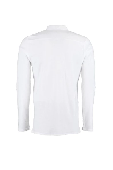 Erkek Moda Uzun Kol Örme Beyaz Slim Fit Gömlek Yaka Apoletli Örme Pike Gömlek