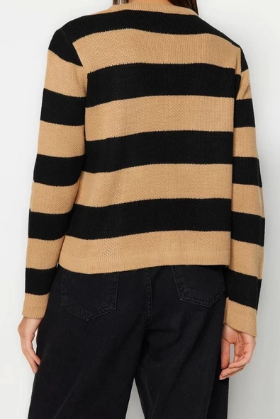 Kadın Moda Şık Regular Bisiklet Yaka Regular Çizgili Basic Ceket Görünümlü Triko Hırka - 6