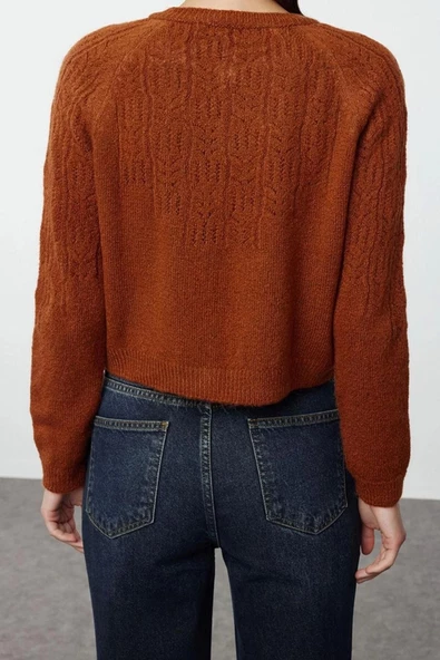 Kadın Moda Şık Crop Bisiklet Yaka Regular Yumuşak Dokulu Ajurlu Delikli Triko Hırka - 6