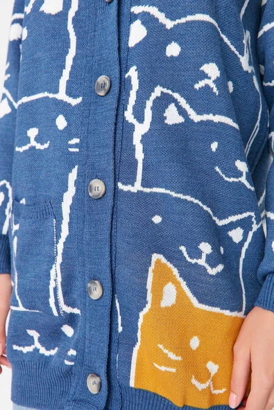 Kadın Moda Şık Tesettür Midi V Yaka Relaxed İndigo Animal Desenli Triko Hırka - 5