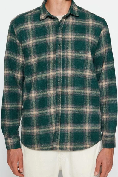 Erkek Moda Uzun Kol Dokuma Yeşil Regular Fit Kışlık Kareli Oduncu Gömlek