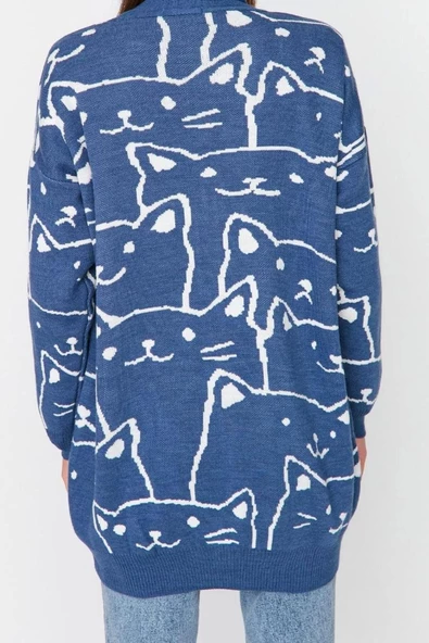 Kadın Moda Şık Tesettür Midi V Yaka Relaxed İndigo Animal Desenli Triko Hırka - 6