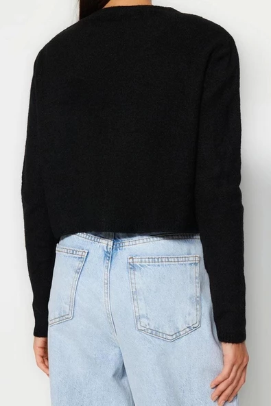Kadın Moda Şık Crop Bisiklet Yaka Slim Crop Yumuşak Dokulu Bluz-Hırka Triko Takım - 6