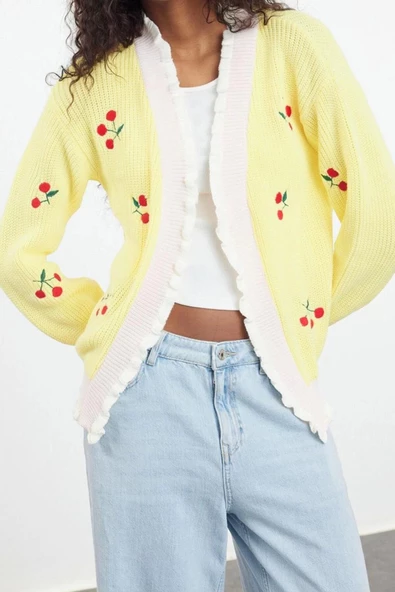 Kadın Moda Şık Regular V Yaka Regular Nakışlı Triko Hırka - 2