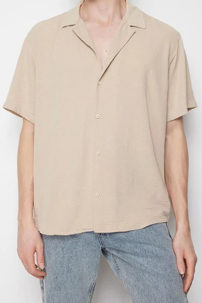 Erkek Moda Kısa Kol Dokuma Taş Oversize Fit Yazlık  Keten Görünümlü Gömlek
