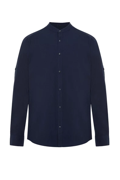 Erkek Moda Uzun Kol Dokuma Koyu Lacivert Slim Fit Basic Hakim Yaka Apoletli %100 Pamuklu Gömlek