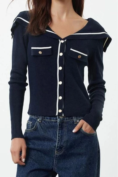 Kadın Moda Şık Regular Devrik Yaka Slim Renk Bloklu Devrik Yaka Triko Hırka - 3
