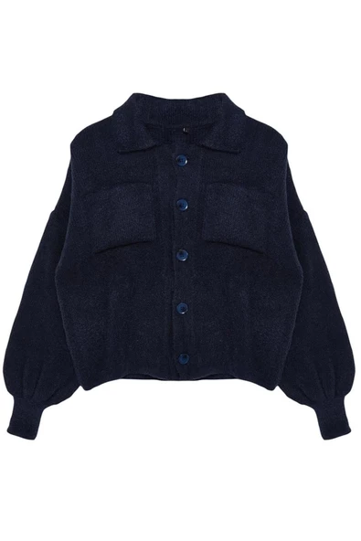 Kadın Moda Şık Regular Polo Yaka Regular Yumuşak Dokulu Mont Görünümlü Triko Hırka