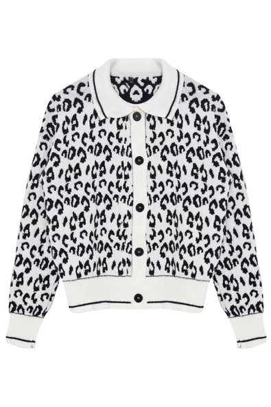 Kadın Moda Şık Regular Polo Yaka Regular Yumuşak Dokulu Leopar Desenli Polo Yaka Triko Hırka