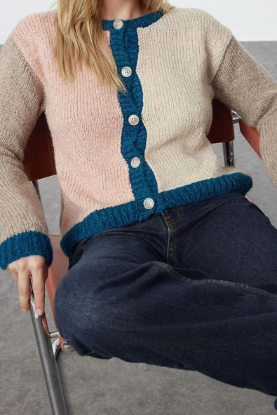 Kadın Moda Şık Regular Bisiklet Yaka Regular Yumuşak Dokulu Renk Bloklu Triko Hırka - 2