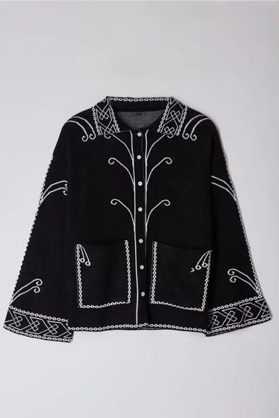 Kadın Moda Şık Regular Polo Yaka Regular Etnik Desenli Triko Hırka