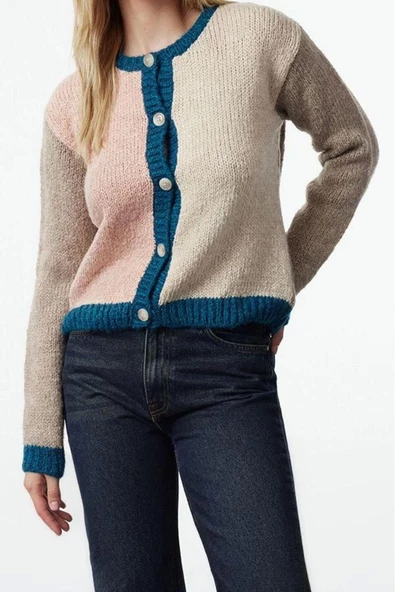 Kadın Moda Şık Regular Bisiklet Yaka Regular Yumuşak Dokulu Renk Bloklu Triko Hırka - 3
