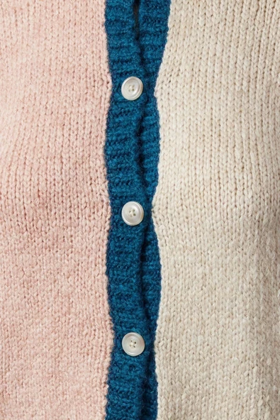 Kadın Moda Şık Regular Bisiklet Yaka Regular Yumuşak Dokulu Renk Bloklu Triko Hırka - 4