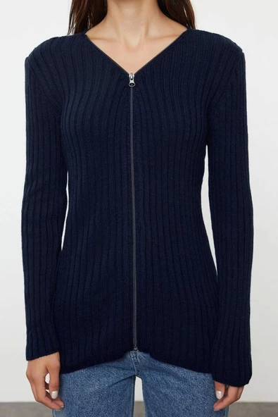 Kadın Moda Şık Midi V Yaka Slim Basic Fermuarlı Fitilli Triko Hırka