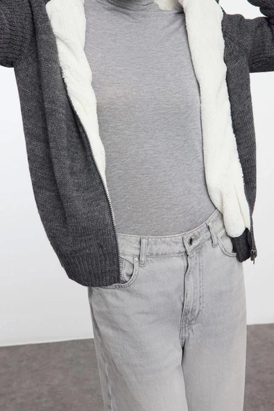Kadın Moda Şık Regular Kapüşonlu Regular Kapüşonlu Fermuarlı Mont Görünümlü Triko Hırka - 3