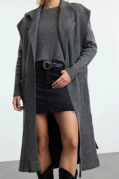 Kadın Moda Şık Midi Polo Yaka Regular Yünlü Midi Hırka-Kazak Triko Hırka - 2