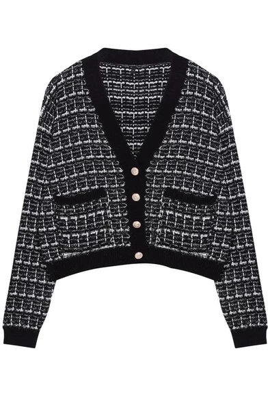 Kadın Moda Şık Regular V Yaka Slim Tüvit Görünümlü Triko Hırka