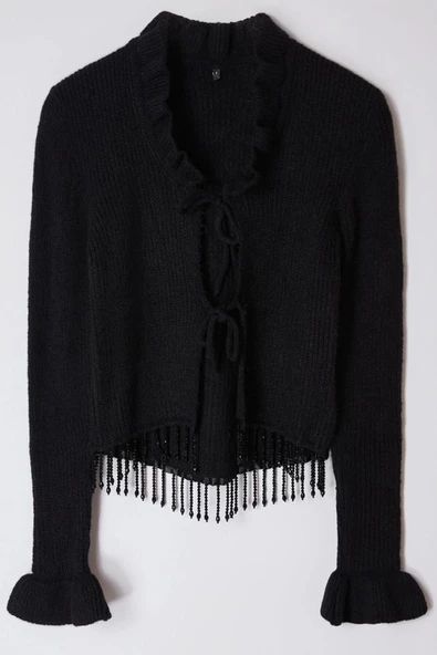Kadın Moda Şık Crop Polo Yaka Regular Crop Yumuşak Dokulu Taş İşlemeli Triko Hırka