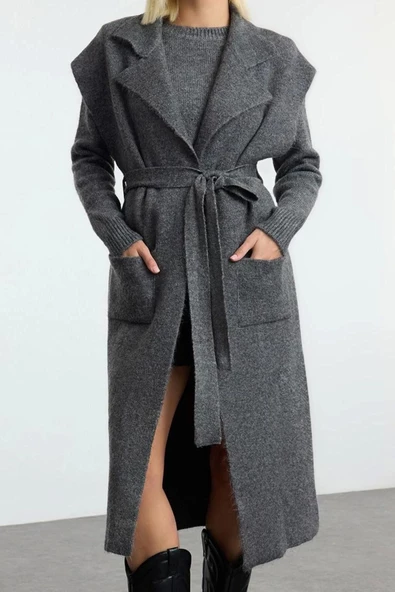 Kadın Moda Şık Midi Polo Yaka Regular Yünlü Midi Hırka-Kazak Triko Hırka - 4