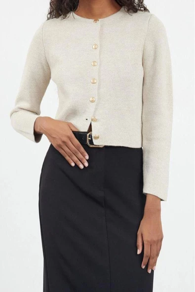 Kadın Moda Şık Crop Bisiklet Yaka Regular Crop Ceket Görünümlü Triko Hırka - 3