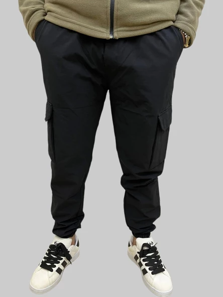 Erkek Taktik Beli İpli ve Lastikli Siyah Kargo Pantolon