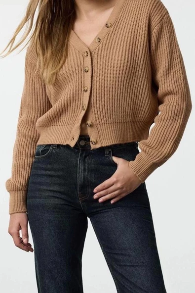 Kadın Moda Şık Crop V Yaka Regular V Yaka Crop Triko Hırka - 3