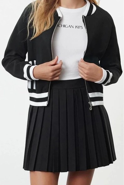 Kadın Moda Şık Regular Bisiklet Yaka Slim Fermuarlı Ceket Görünümlü Triko Hırka - 3