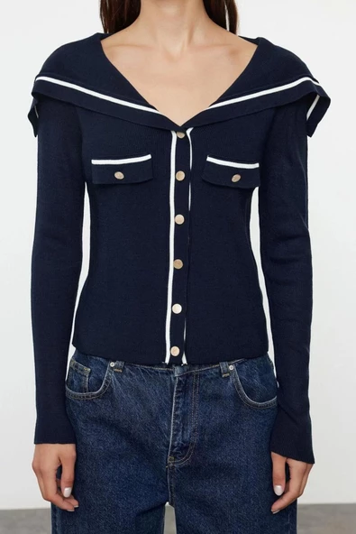 Kadın Moda Şık Regular Devrik Yaka Slim Renk Bloklu Devrik Yaka Triko Hırka