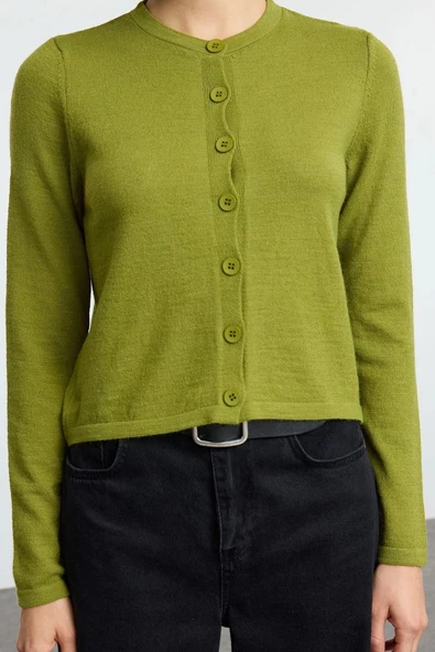 Kadın Moda Şık Regular Bisiklet Yaka Slim Yünlü Triko Hırka - 4