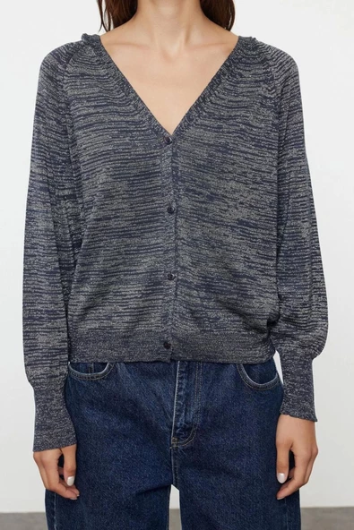 Kadın Moda Şık Regular V Yaka Oversize Premium Kalite Geniş Kalıp Simli Kapuşonlu Triko Hırka