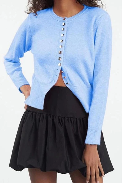 Kadın Moda Şık Regular Bisiklet Yaka Regular Basic Düğmeli Triko Hırka - 3