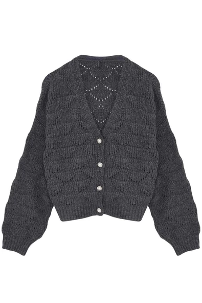 Kadın Moda Şık Regular V Yaka Regular Ajurlu Delikli V Yaka Triko Hırka